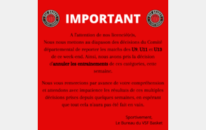 Annulation des entrainements U9, U11 et U13 du 19 et 20 janvier