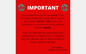 Annulation des entraînements U7, U8, U9, U11, U13 + CIA (semaine du 24 au 30 janvier)