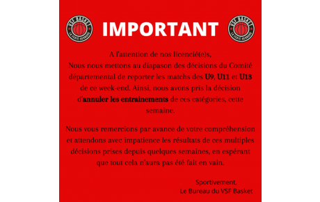 Annulation des entrainements U9, U11 et U13 du 19 et 20 janvier