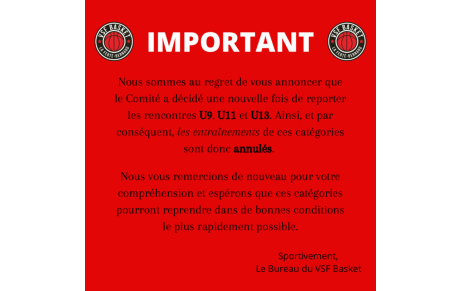 Annulation des entraînements U7, U8, U9, U11, U13 + CIA (semaine du 24 au 30 janvier)